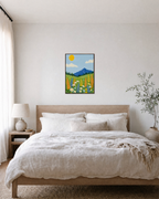 Meadow Morning wildflower wall art: unframed print is shown framed for styling in a bedroom; frame not included