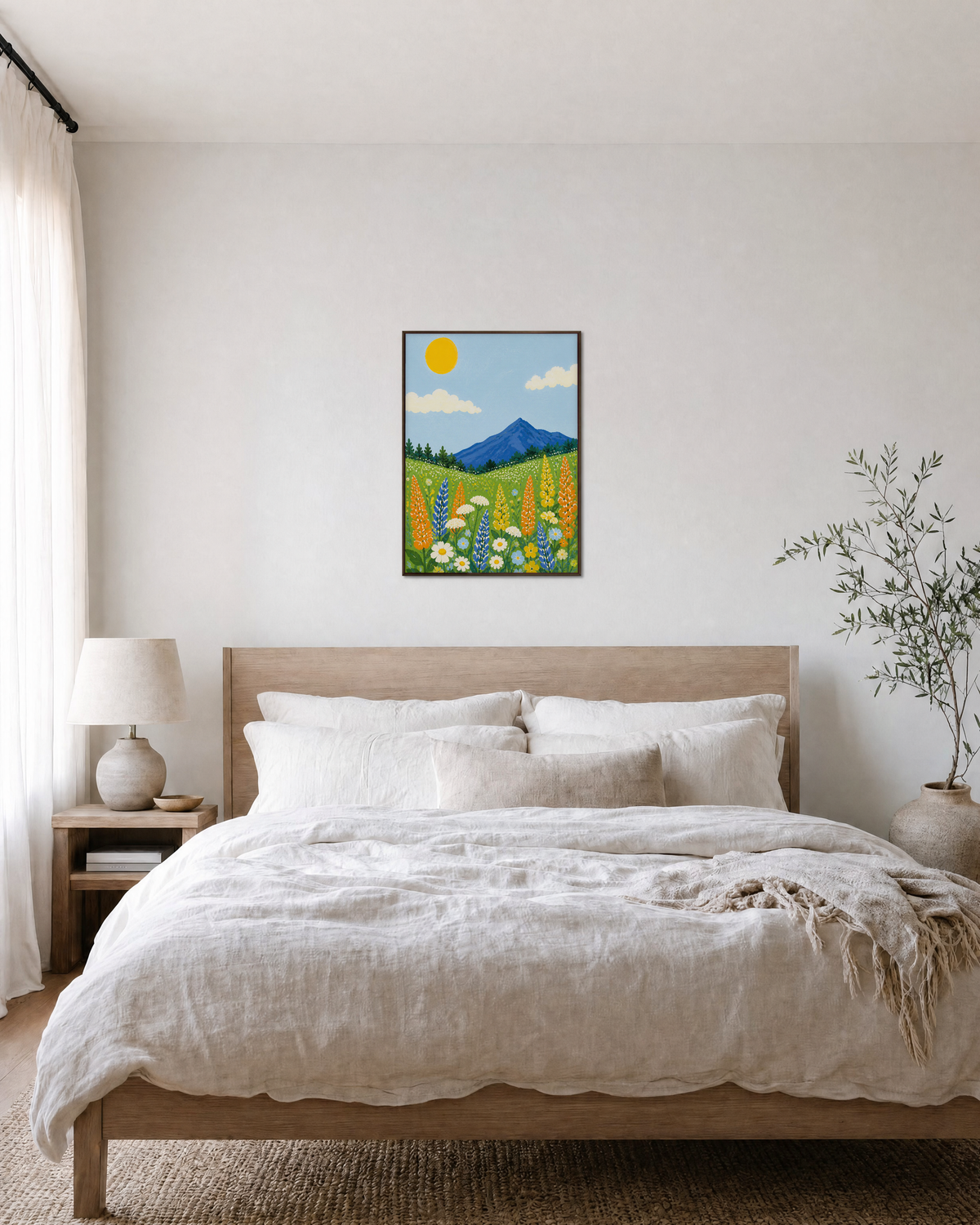 Meadow Morning wildflower wall art: unframed print is shown framed for styling in a bedroom; frame not included