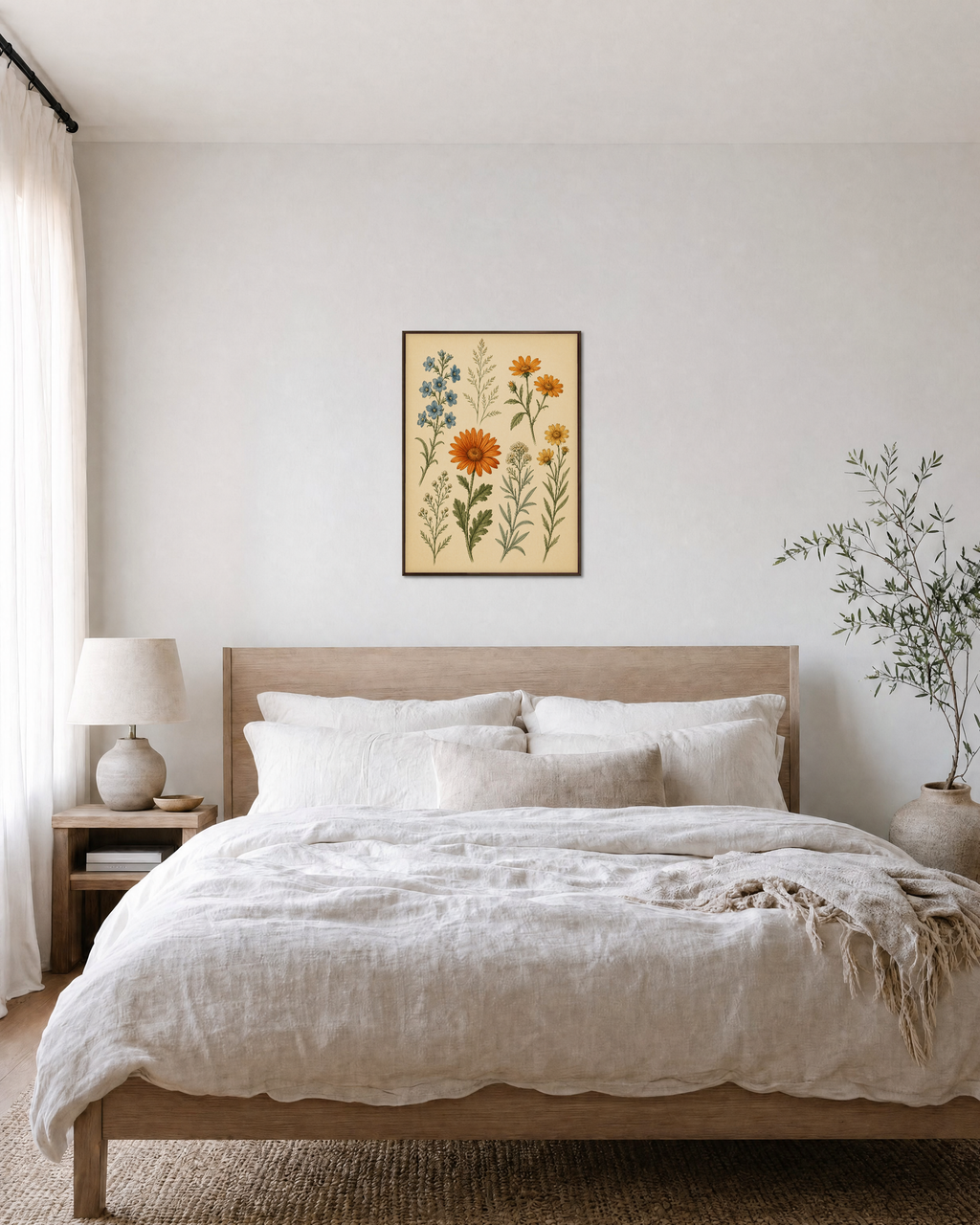 Specimen Daisy ochre daisy plate wall art: unframed print is shown framed for styling in a bedroom; frame not included