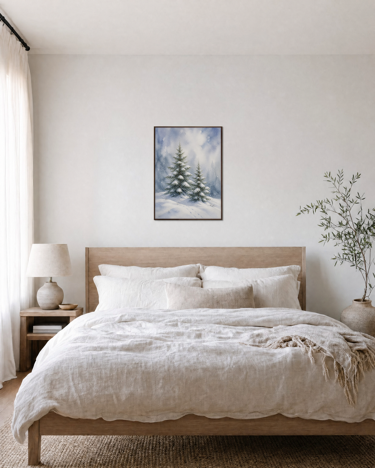 Spruce Tracks snow spruce print: unframed print is shown framed for styling in a bedroom; frame not included