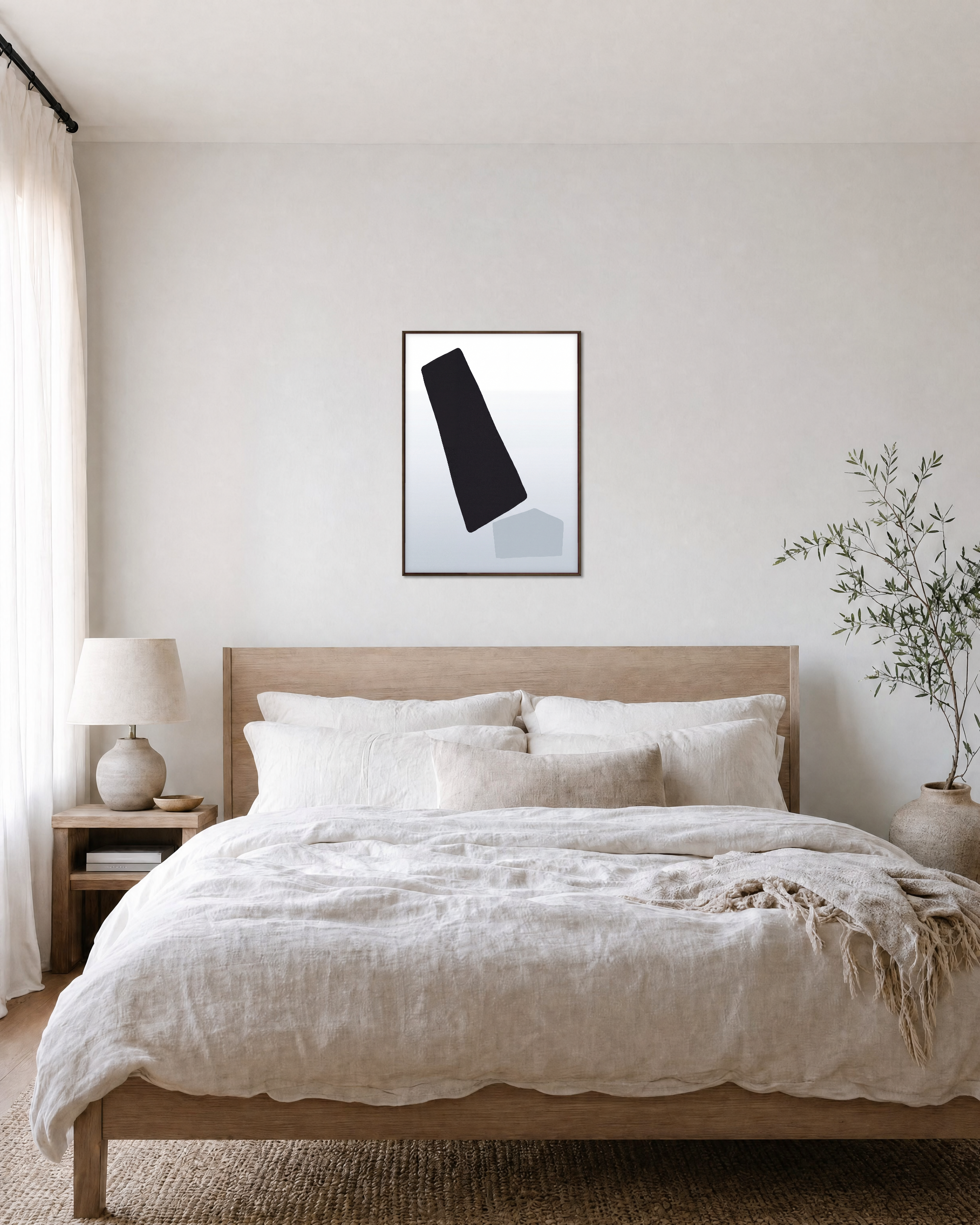 Pure Form unframed print is shown framed for styling in a bedroom; frame not included