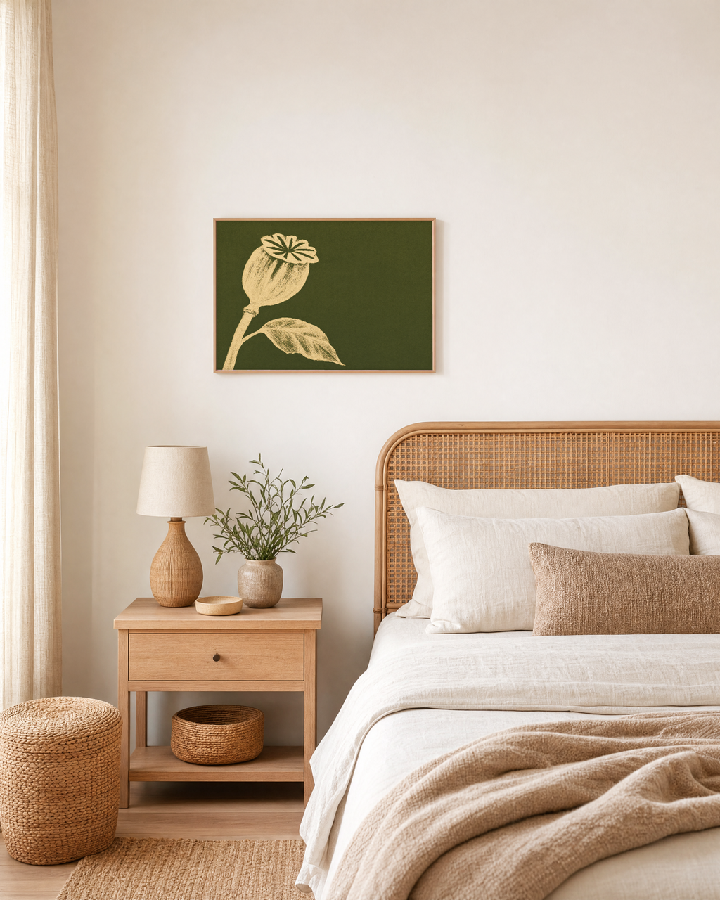 Ivory Bloom Forest unframed print is shown framed for styling in a bedroom; frame not included