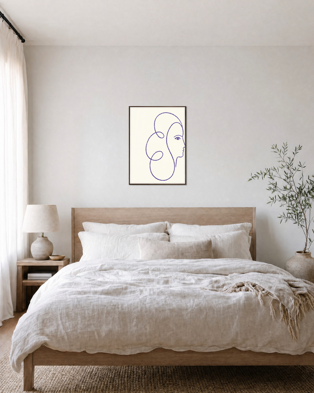 Indigo Profile Line unframed print is shown framed for styling in a bedroom; frame not included