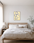 Indigo Profile Line unframed print is shown framed for styling in a bedroom; frame not included