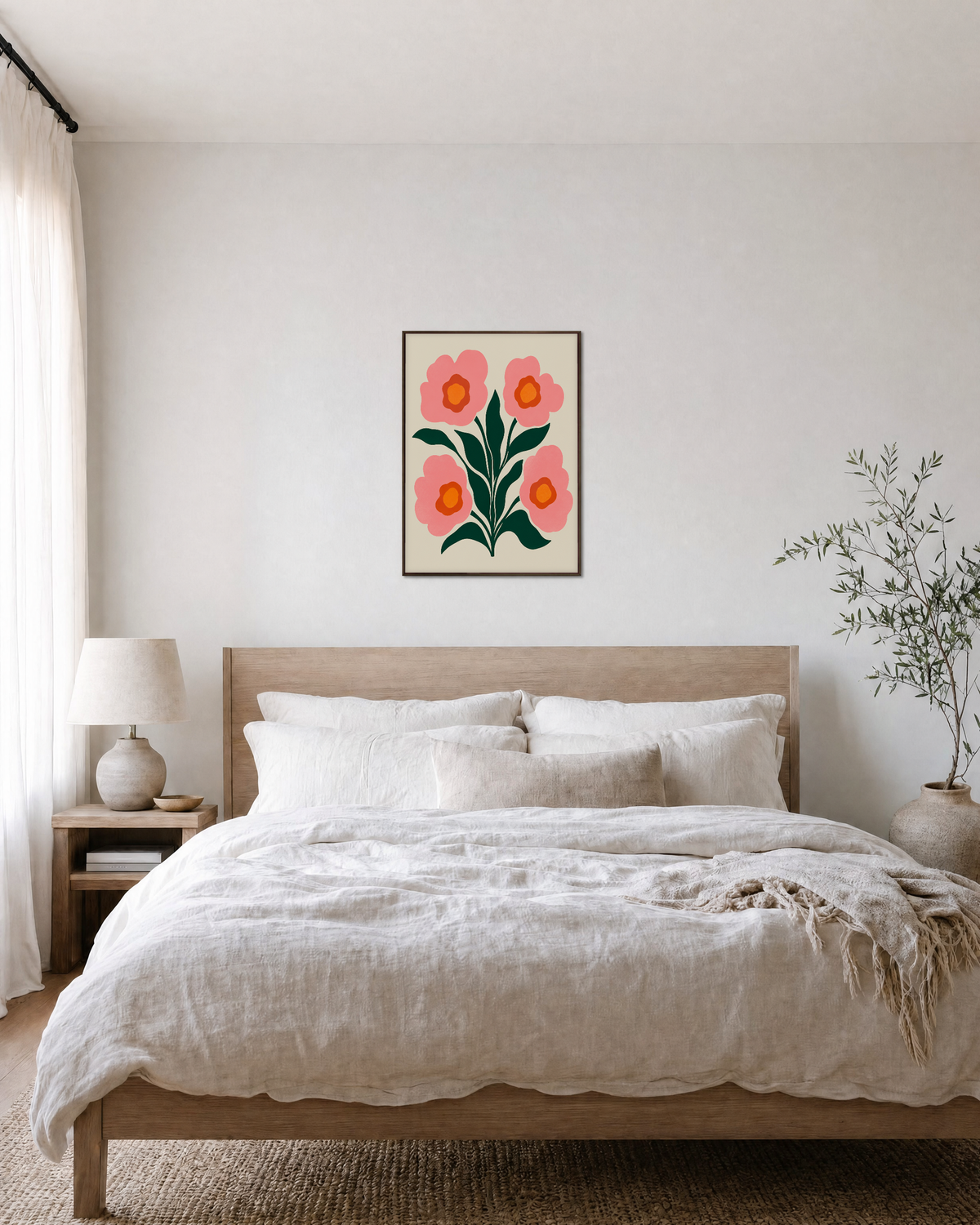 Coral Quartet four coral bloom print: unframed print is shown framed for styling in a bedroom; frame not included
