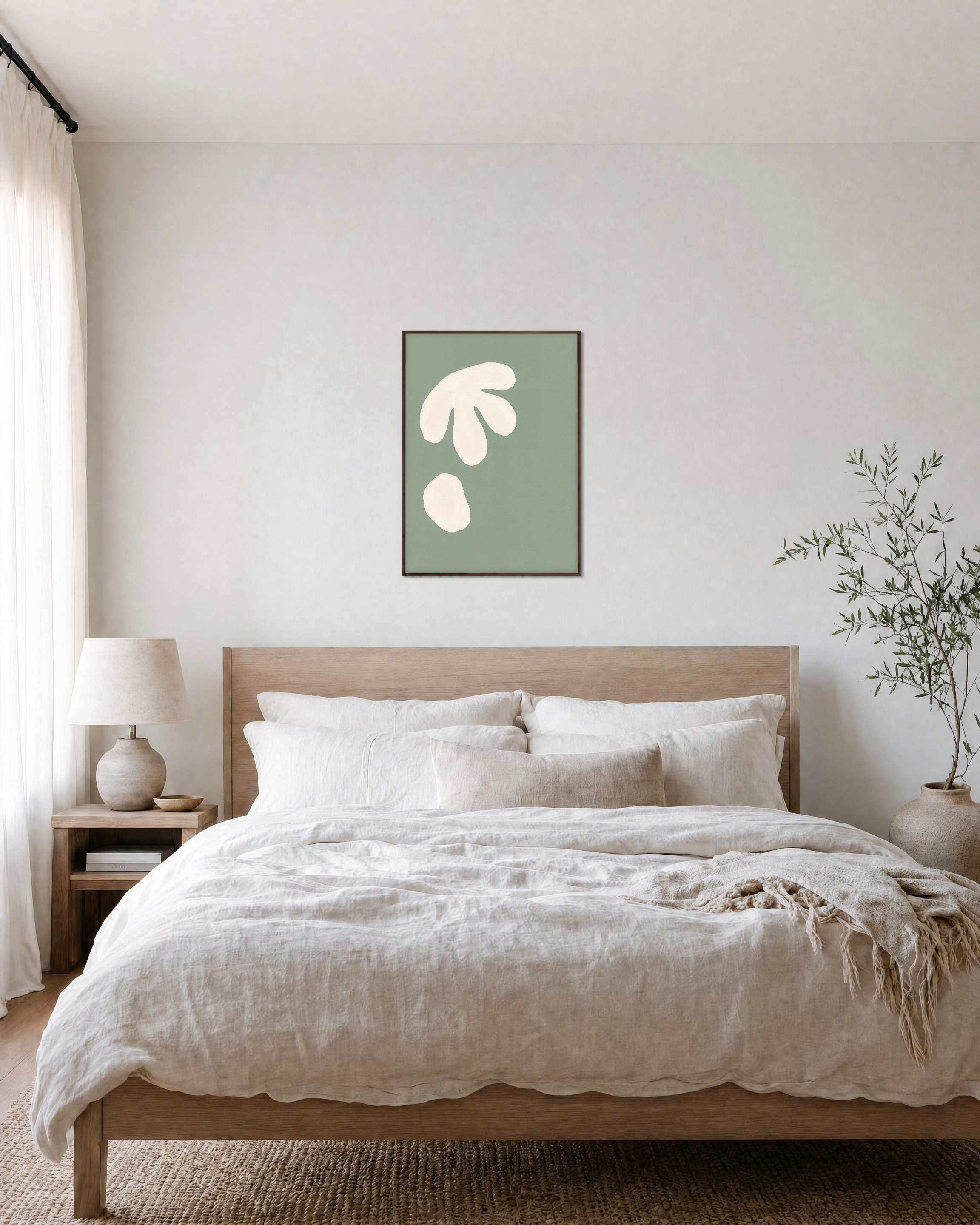 Cream Cutouts Sage unframed print is shown framed for styling in a bedroom; frame not included