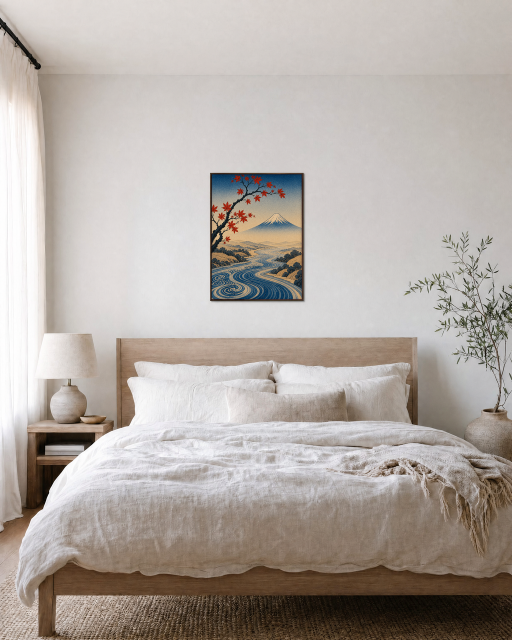Mountain Hour swirled river print: unframed print is shown framed for styling in a bedroom; frame not included