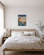 Mountain Hour swirled river print: unframed print is shown framed for styling in a bedroom; frame not included