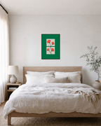Bloom Windows coral bloom green wall art: unframed print is shown framed for styling in a bedroom; frame not included