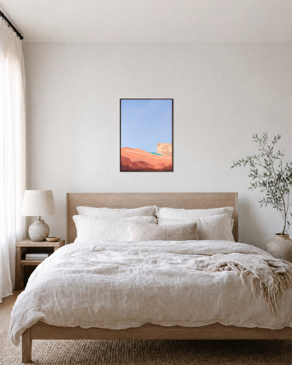 Peach Dune Blue Press edition unframed print is shown framed for styling in a bedroom; Frame not included