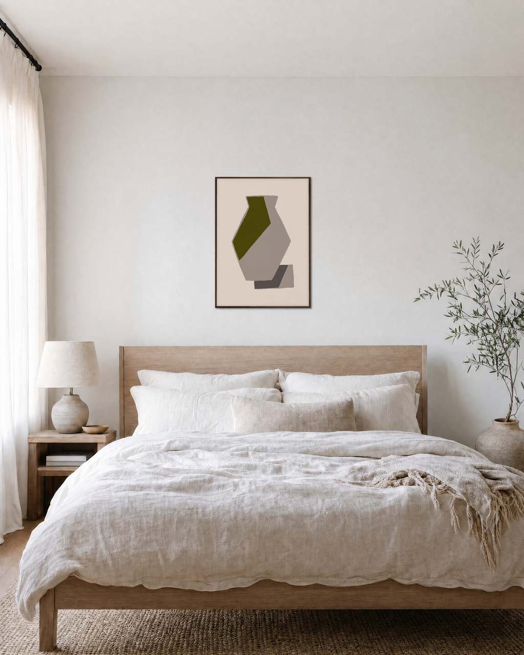 Olive Facet on Taupe Vessel olive green geometric wall art: unframed print is shown framed for styling in a bedroom; frame not included