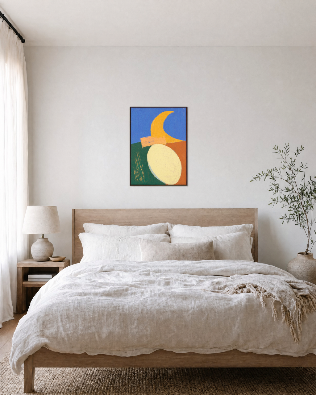 Split Horizon unframed print is shown framed for styling in a bedroom; frame not included