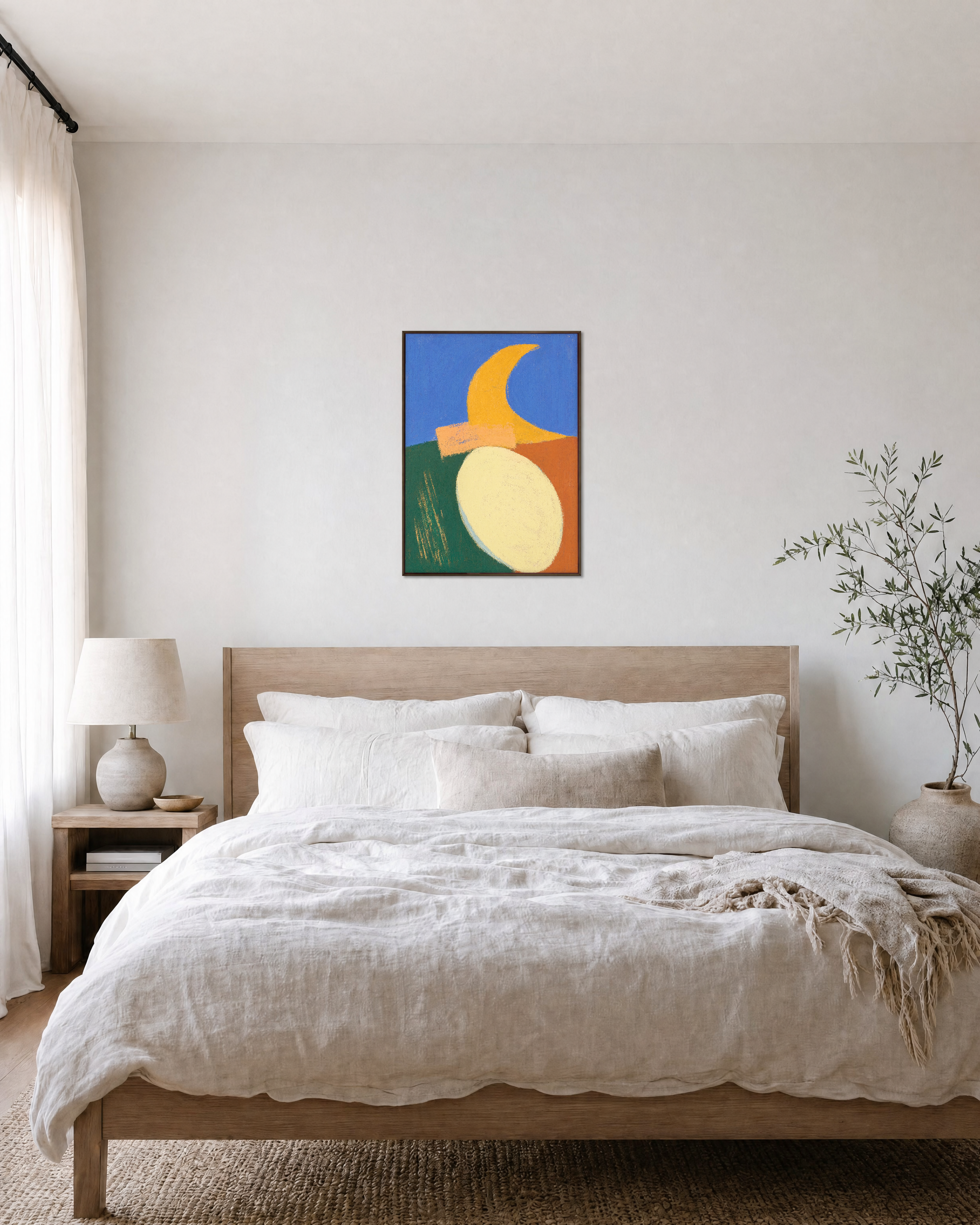 Split Horizon unframed print is shown framed for styling in a bedroom; frame not included