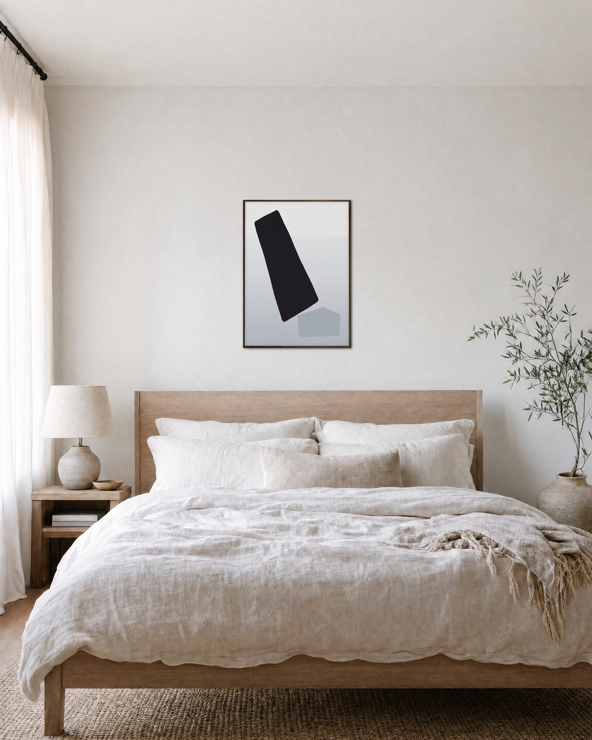 Offset Forms on White white geometric wall art: unframed print is shown framed for styling in a bedroom; frame not included