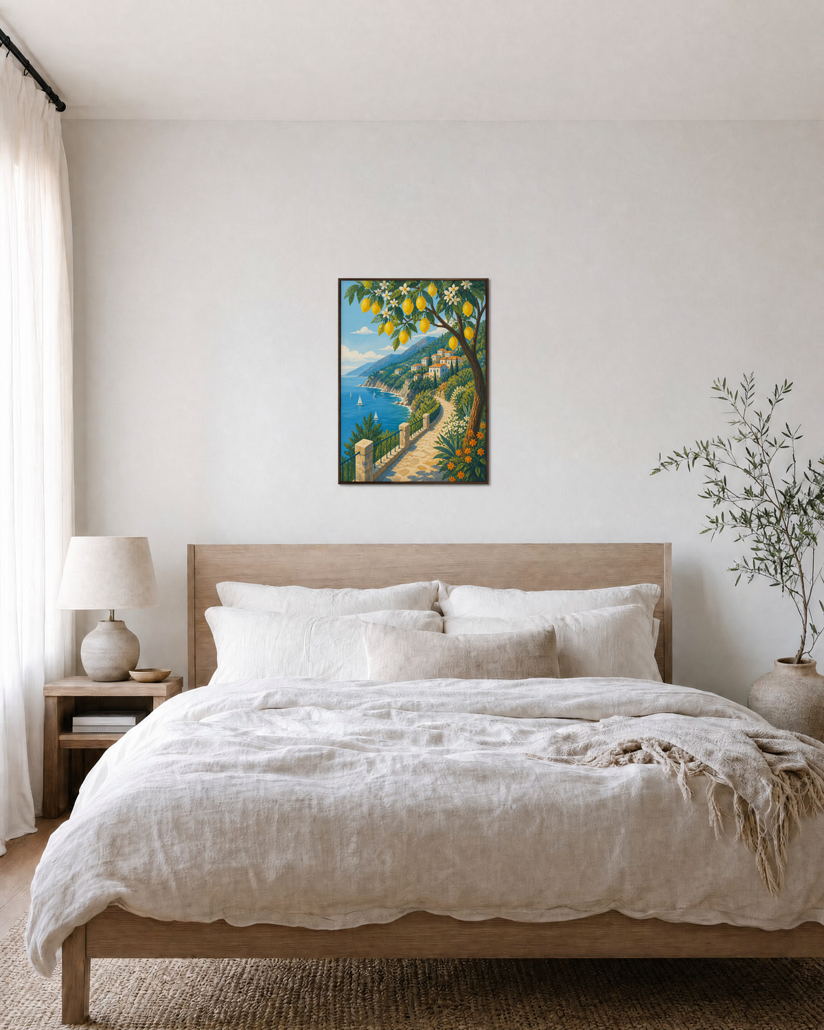 Lemon Path lemon tree wall art: unframed print is shown framed for styling in a bedroom; frame not included