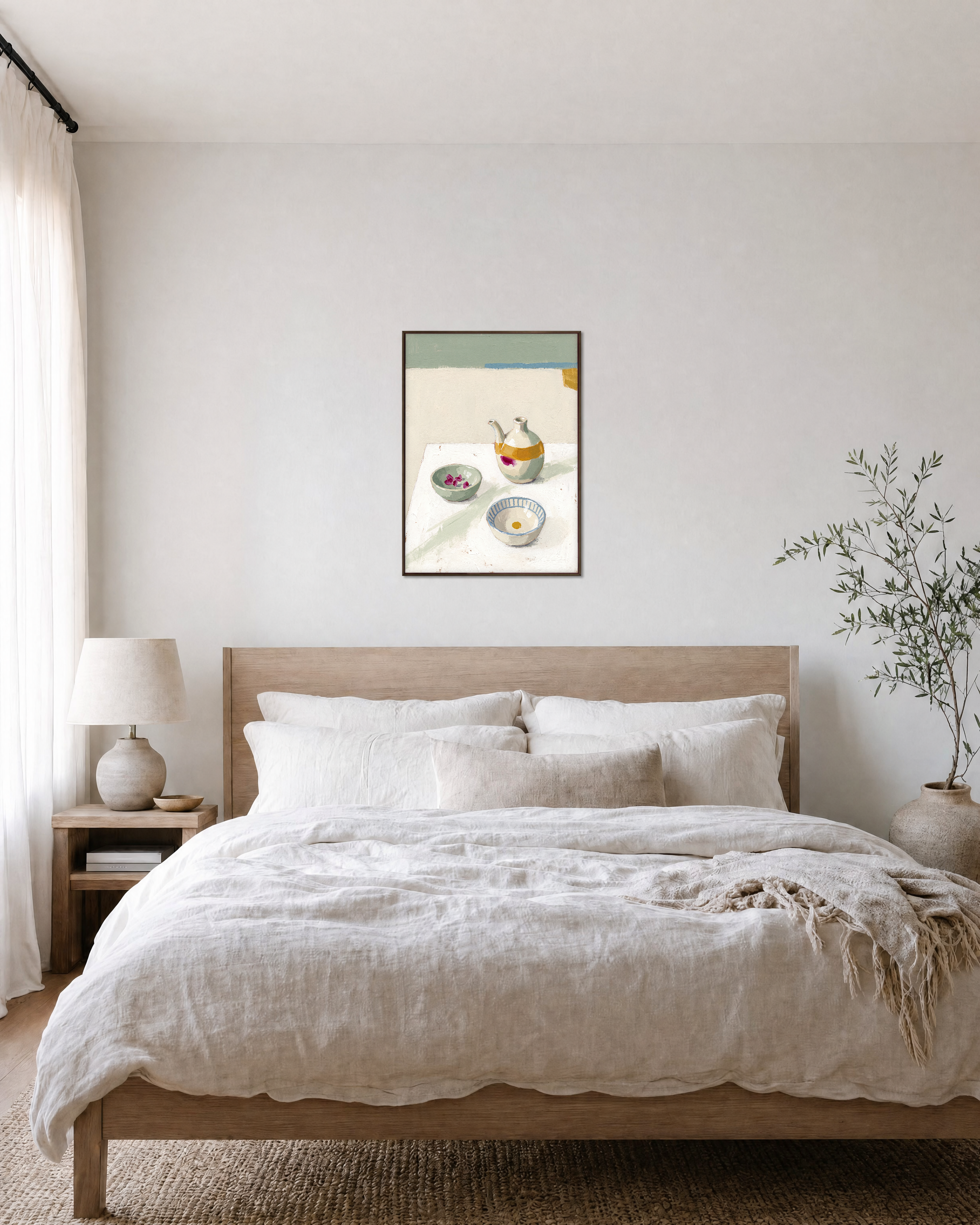 Oil Pourer Table unframed print is shown framed for styling in a bedroom; frame not included