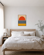 Banked Sun navy stripe sun wall art: unframed print is shown framed for styling in a bedroom; frame not included