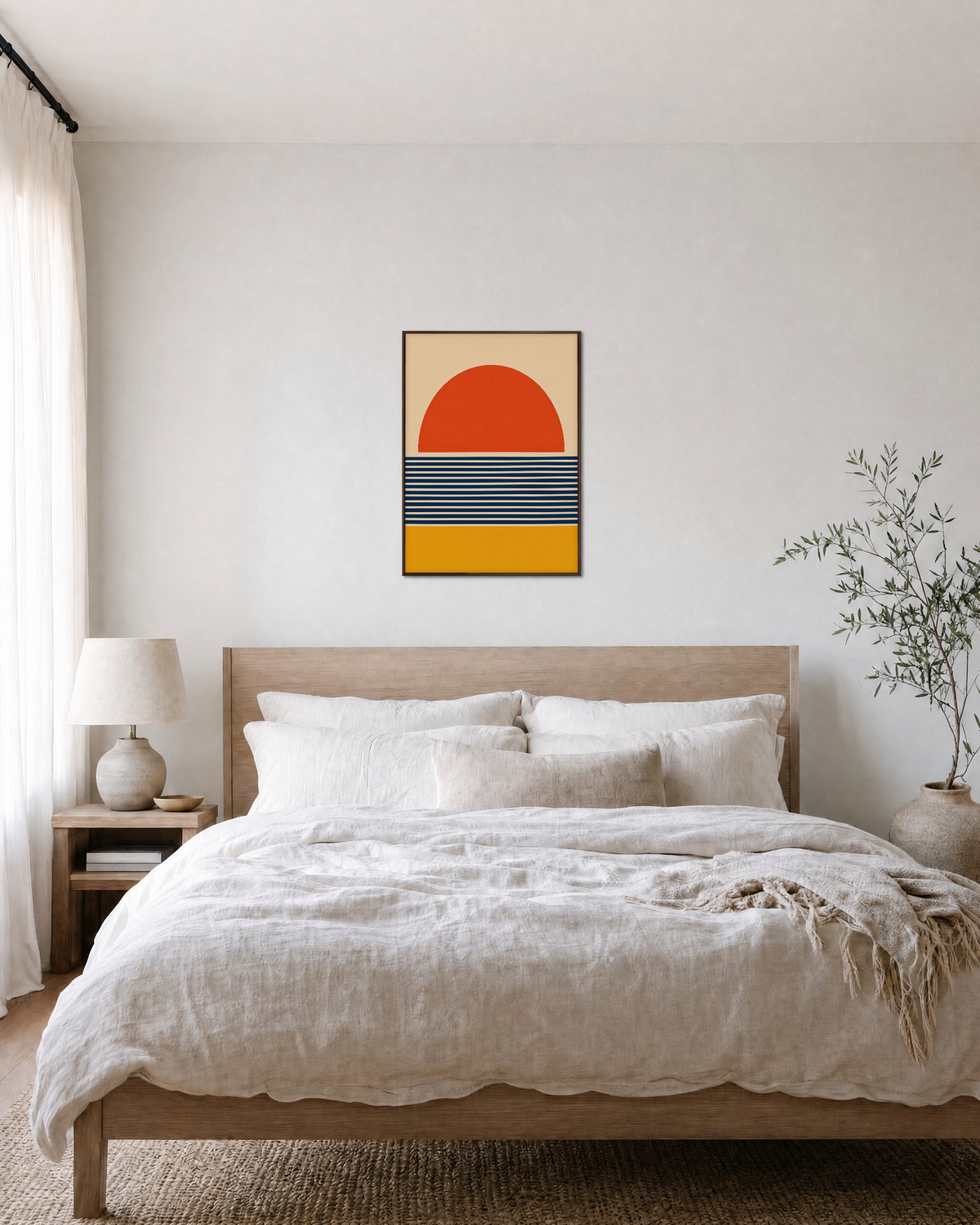 Banked Sun navy stripe sun wall art: unframed print is shown framed for styling in a bedroom; frame not included