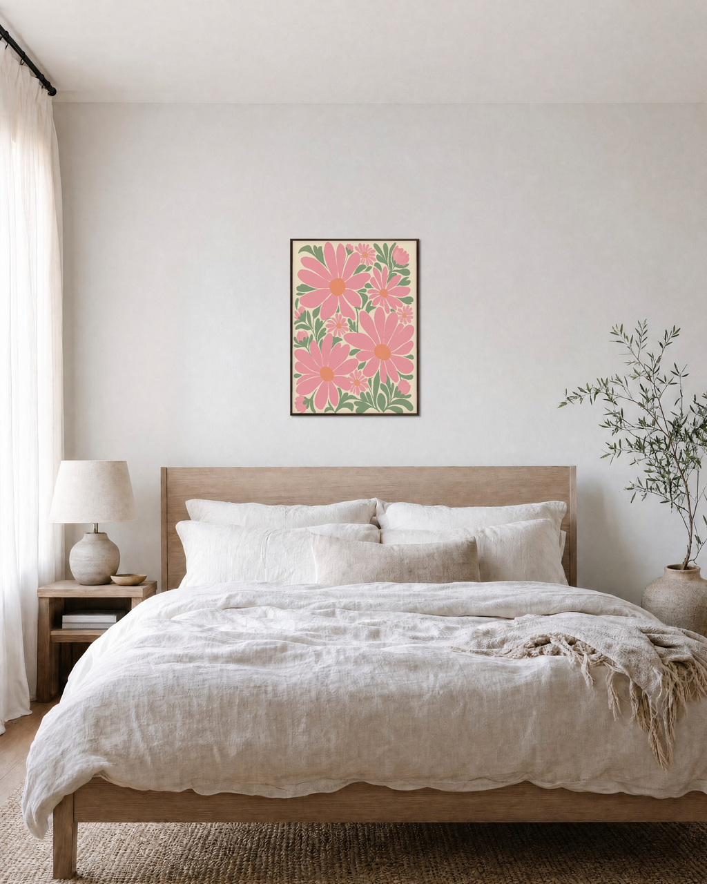Garden Trio pink daisy wall art: unframed print is shown framed for styling in a bedroom; frame not included