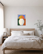 Split Horizon unframed print is shown framed for styling in a bedroom; frame not included