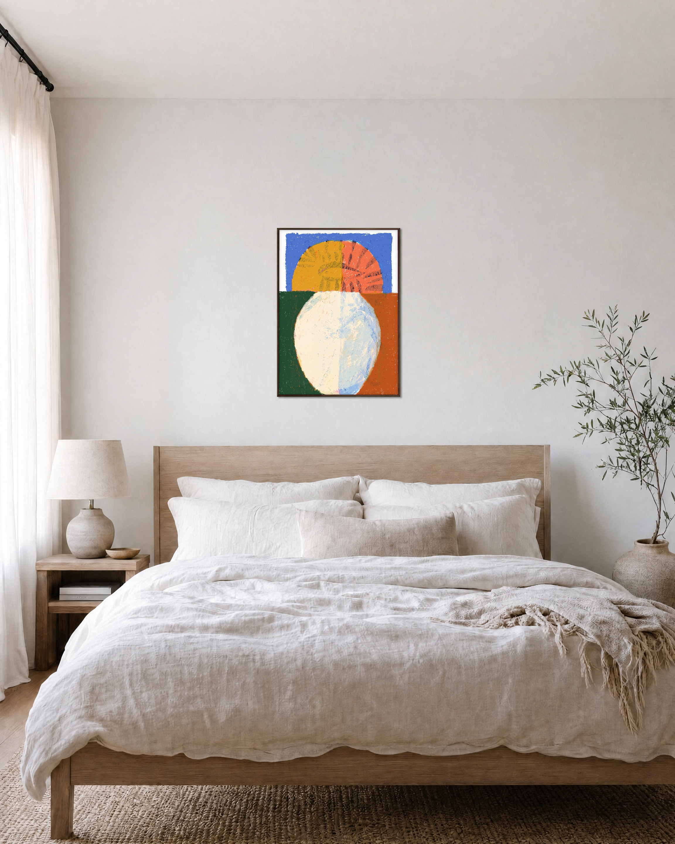 Split Horizon unframed print is shown framed for styling in a bedroom; frame not included