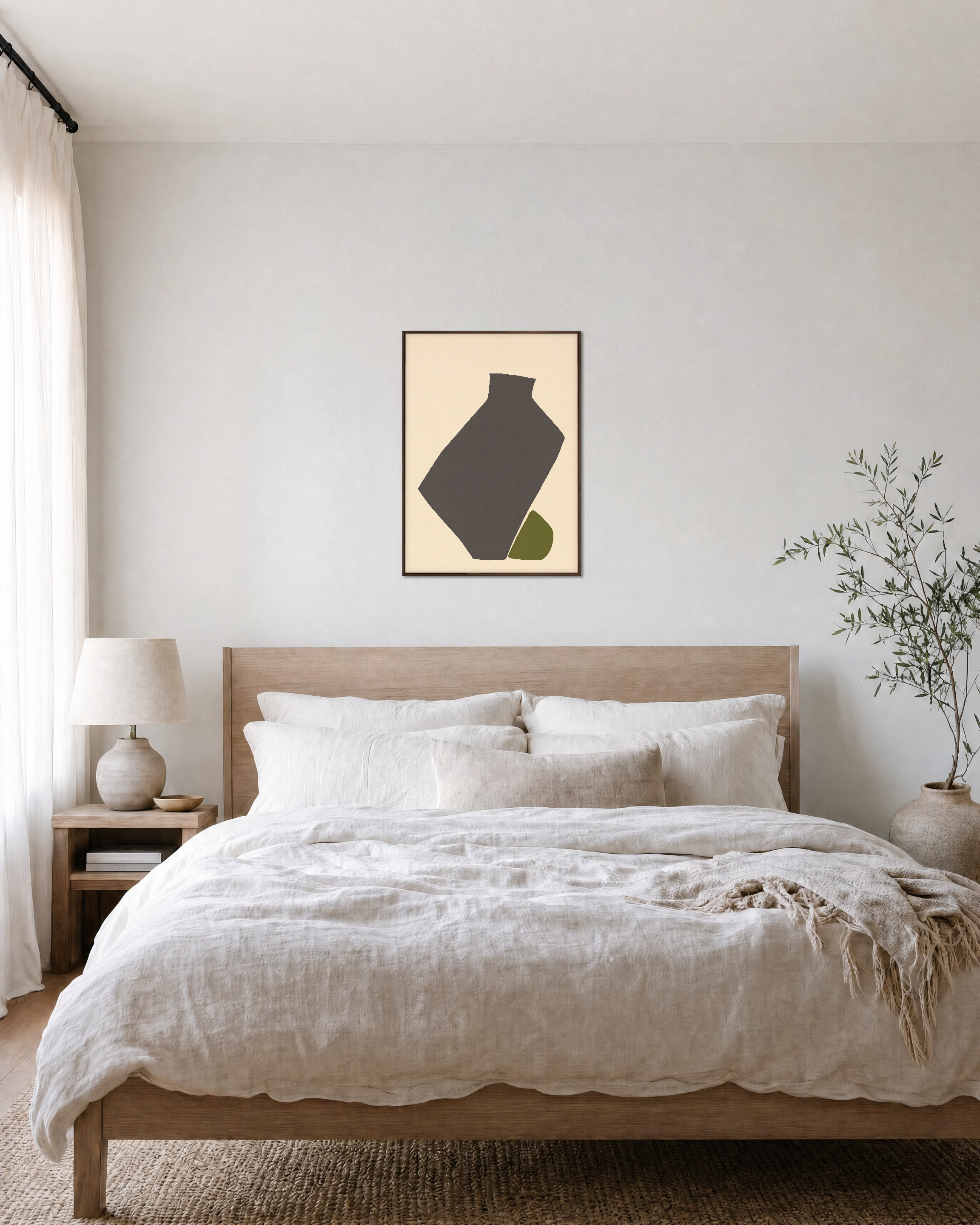 Olive Vessel unframed print is shown framed for styling in a bedroom; frame not included