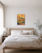 Canyon Sun desert art print: unframed print is shown framed for styling in a bedroom; frame not included