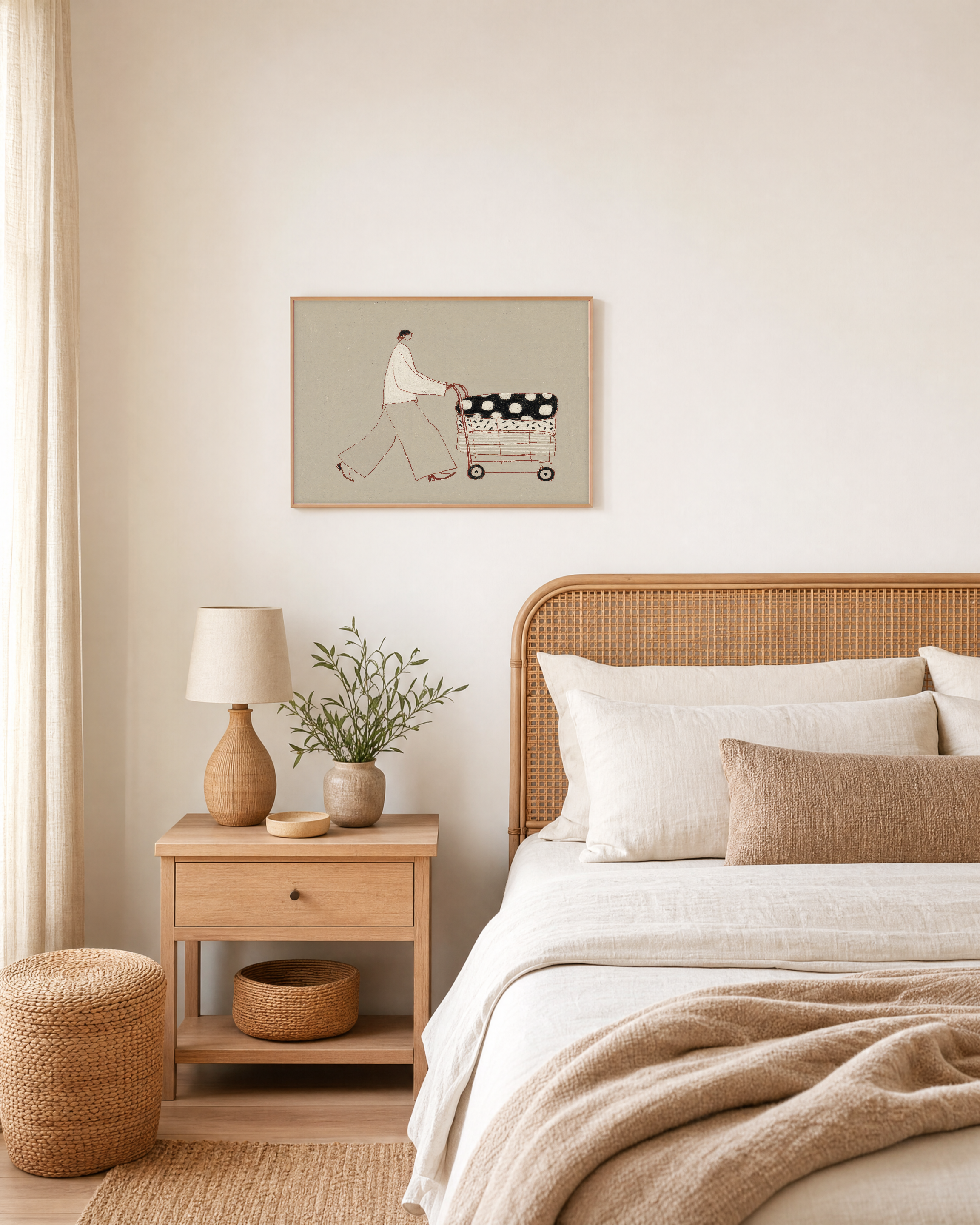 Carry Pattern unframed print is shown framed for styling in a bedroom; frame not included