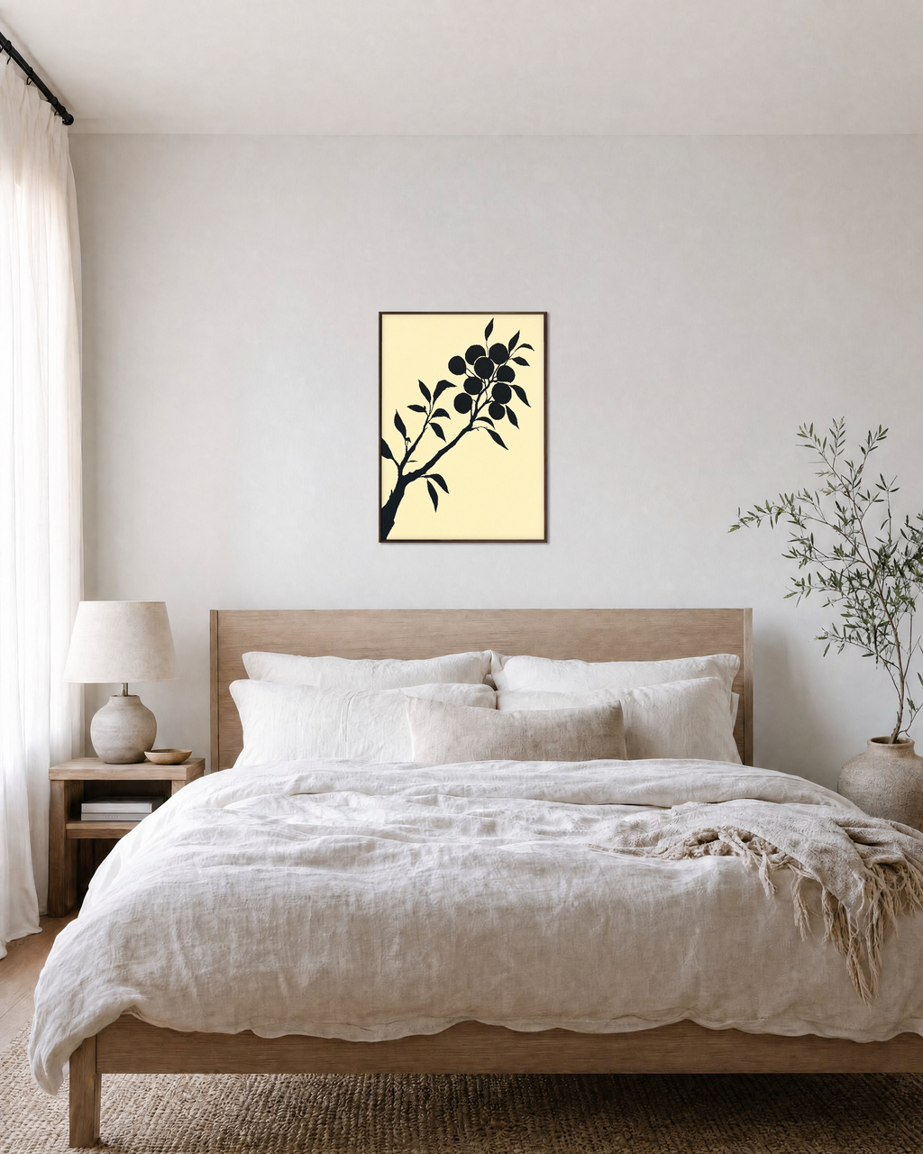 Ink Branch Fruit unframed print is shown framed for styling in a bedroom; frame not included