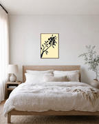 Ink Branch Fruit unframed print is shown framed for styling in a bedroom; frame not included