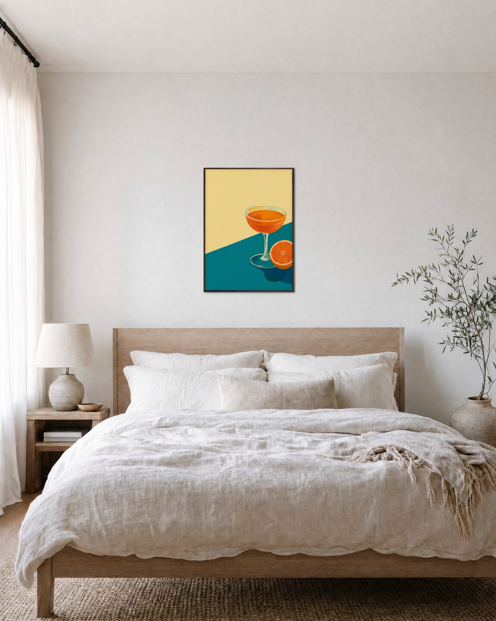 One Coupe Citrus Split unframed print is shown framed for styling in a bedroom; frame not included