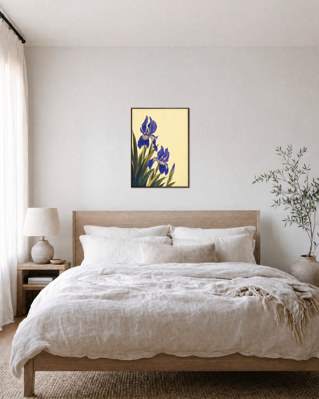 Blue Folk Stem unframed print is shown framed for styling in a bedroom; frame not included
