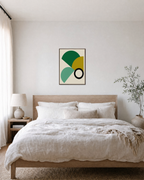 Module Study half disc module wall art: unframed print is shown framed for styling in a bedroom; frame not included