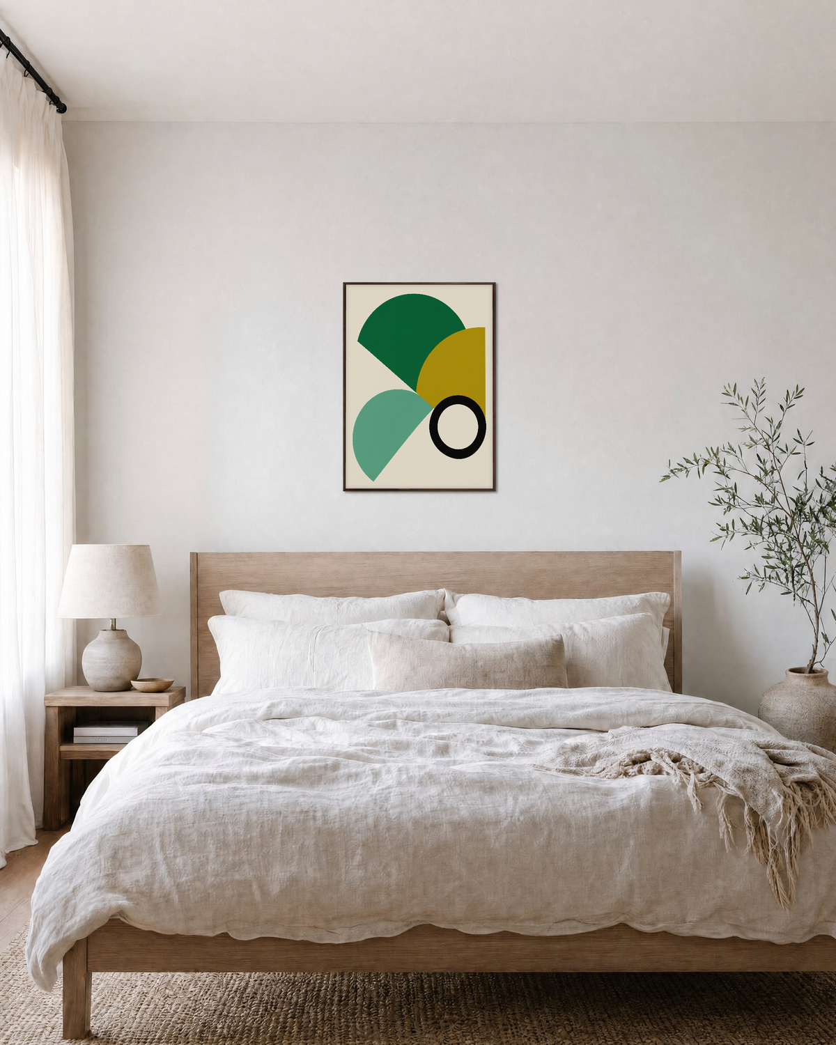 Module Study half disc module wall art: unframed print is shown framed for styling in a bedroom; frame not included