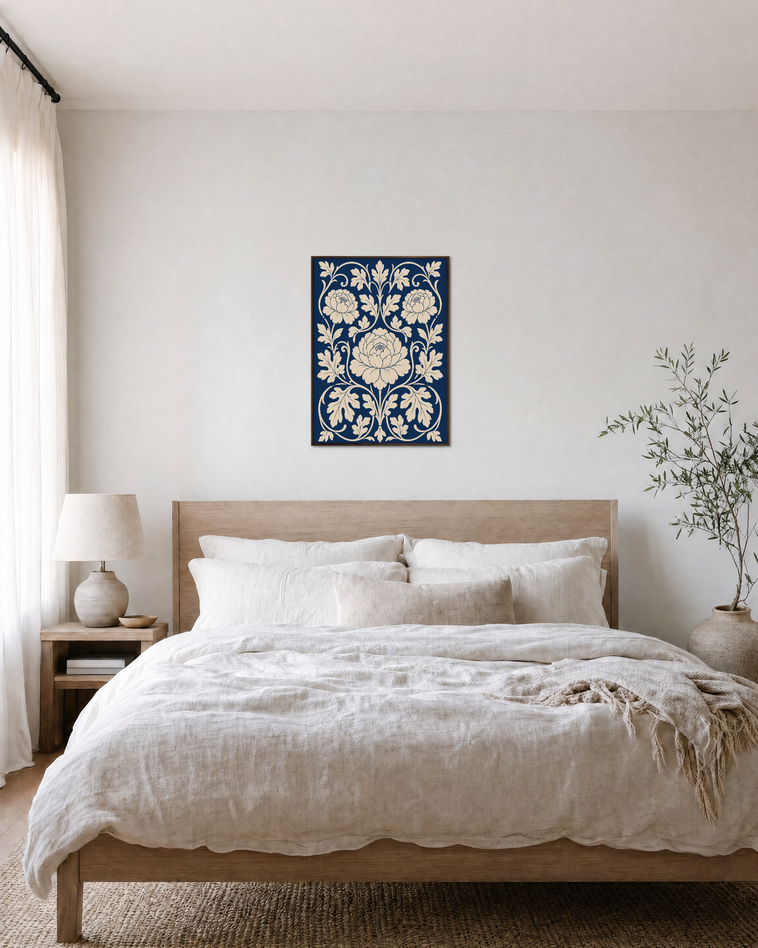 Three Peonies Navy Weave unframed print is shown framed for styling in a bedroom; frame not included