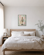 Lantern Nutcracker pastel nutcracker print: unframed print is shown framed for styling in a bedroom; frame not included