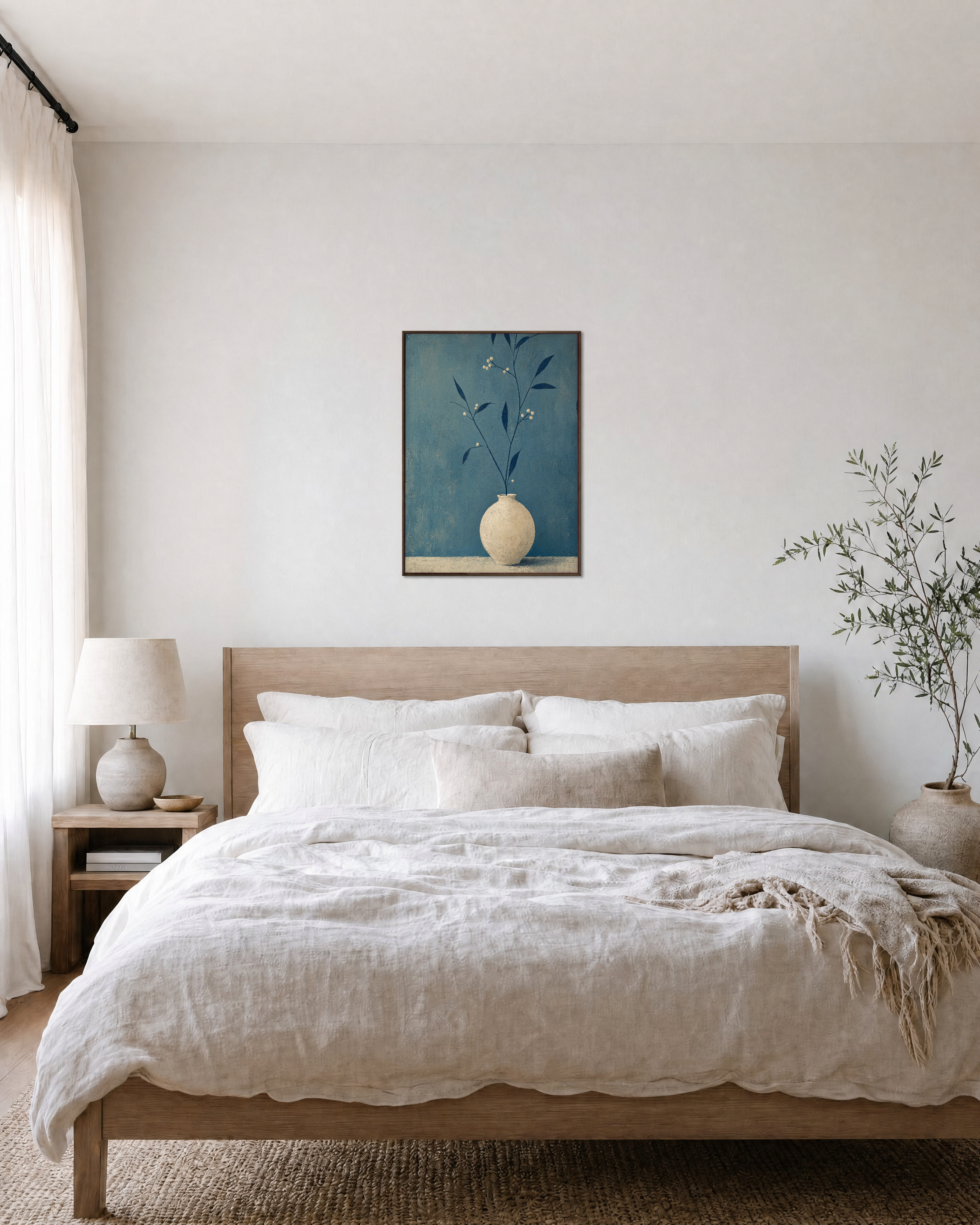 Slate Branch Vessel unframed print is shown framed for styling in a bedroom; frame not included