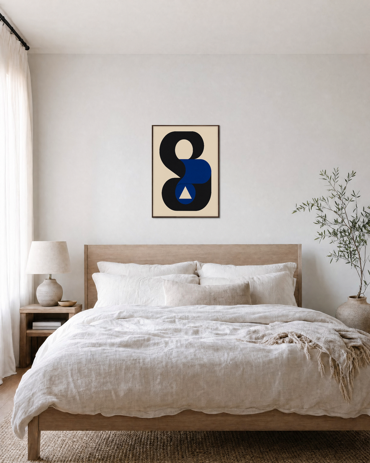 Window Loop black loop blue window wall art: unframed print is shown framed for styling in a bedroom; frame not included