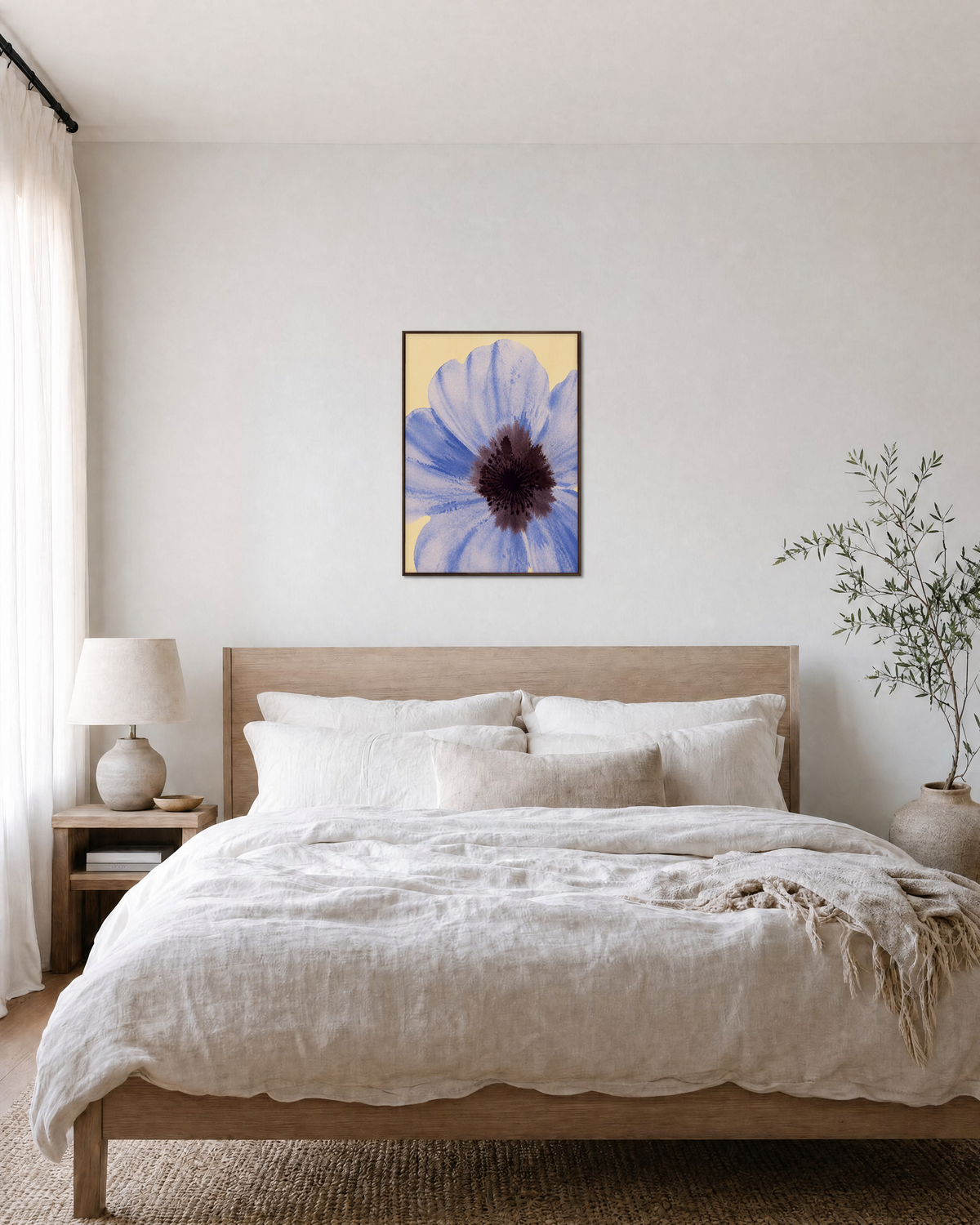 One Poppy Dark Eye unframed print is shown framed for styling in a bedroom; frame not included