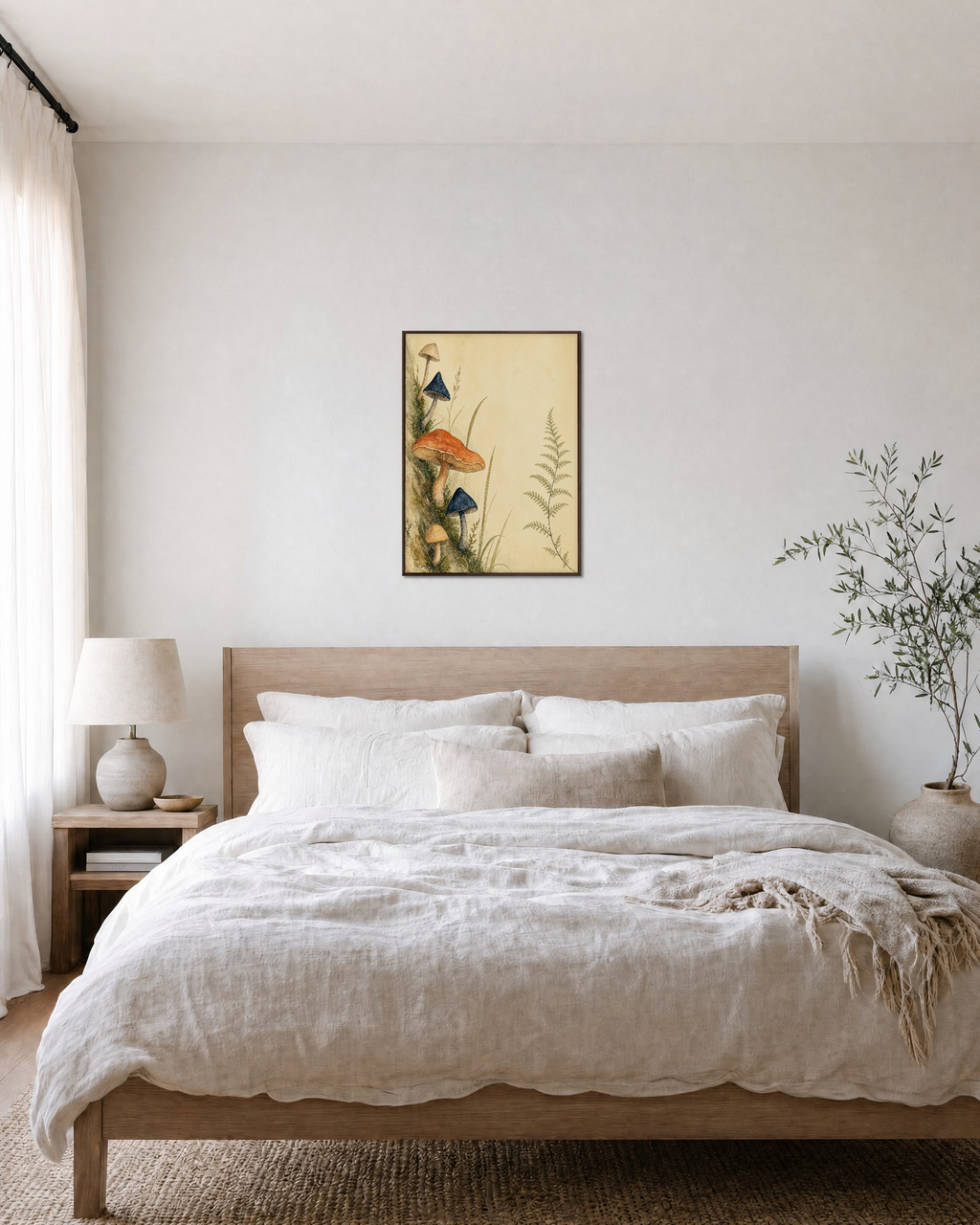 Four Fungi Walk unframed print is shown framed for styling in a bedroom; frame not included
