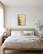 Four Fungi Walk unframed print is shown framed for styling in a bedroom; frame not included