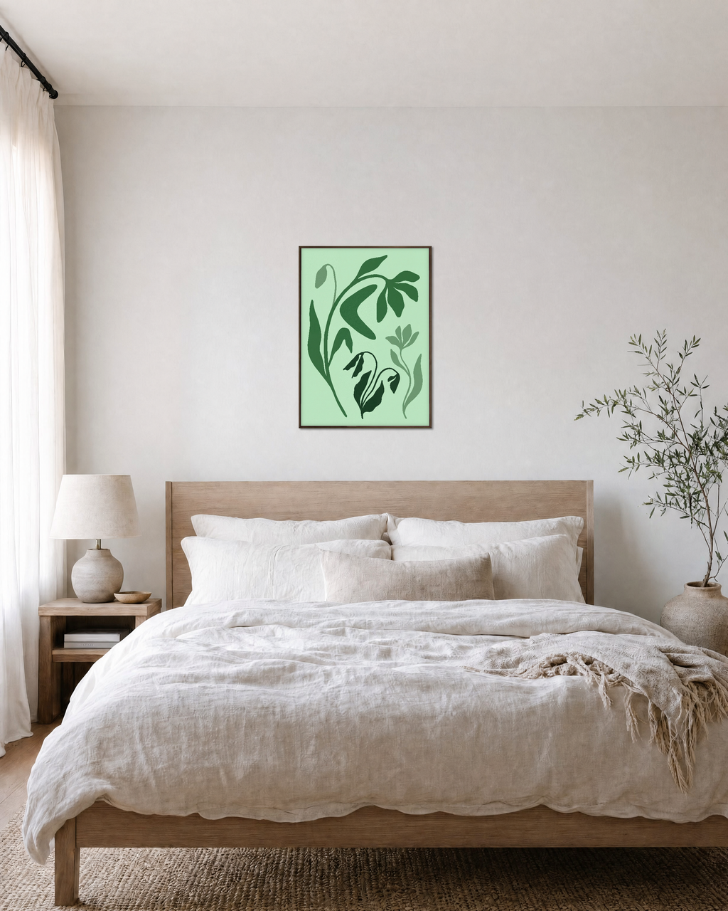 Green Wildflower unframed print is shown framed for styling in a bedroom; frame not included