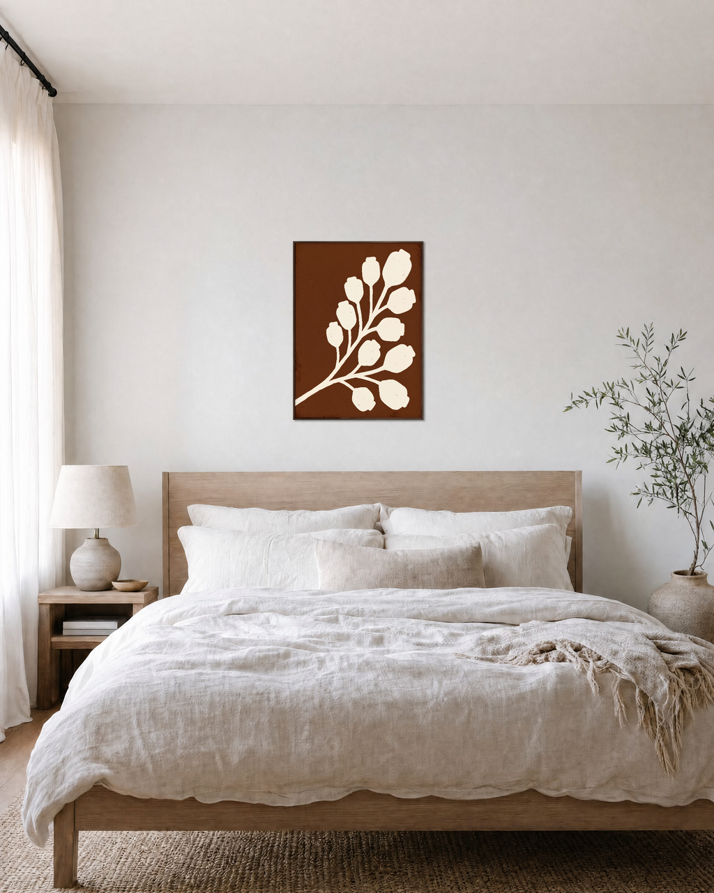 Cream Bloom Brown unframed print is shown framed for styling in a bedroom; frame not included