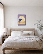 Navy Bowl Daisy Stem Remap unframed print is shown framed for styling in a bedroom; frame not included