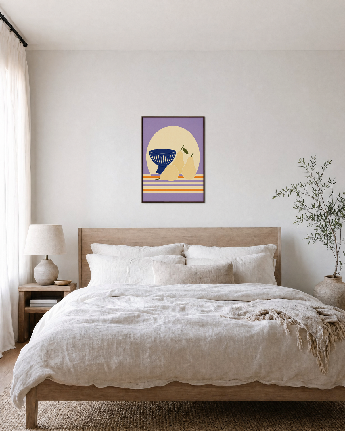 Navy Bowl Daisy Stem Remap unframed print is shown framed for styling in a bedroom; frame not included