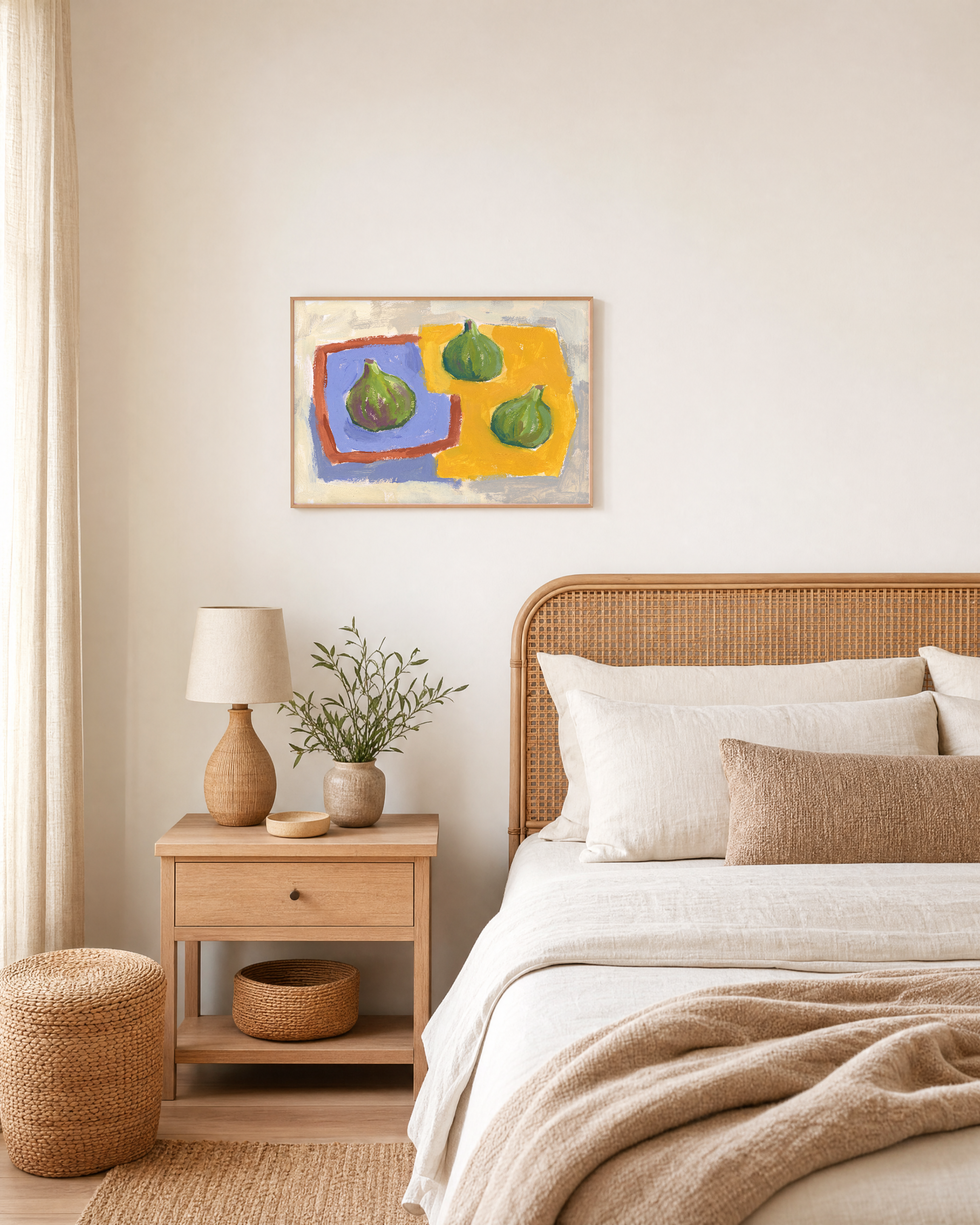 Three Figs unframed print is shown framed for styling in a bedroom; frame not included