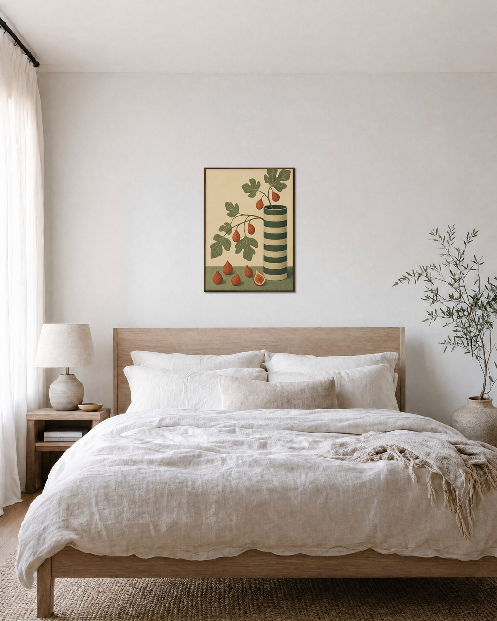 Fig Stripe Cylinder unframed print is shown framed for styling in a bedroom; frame not included