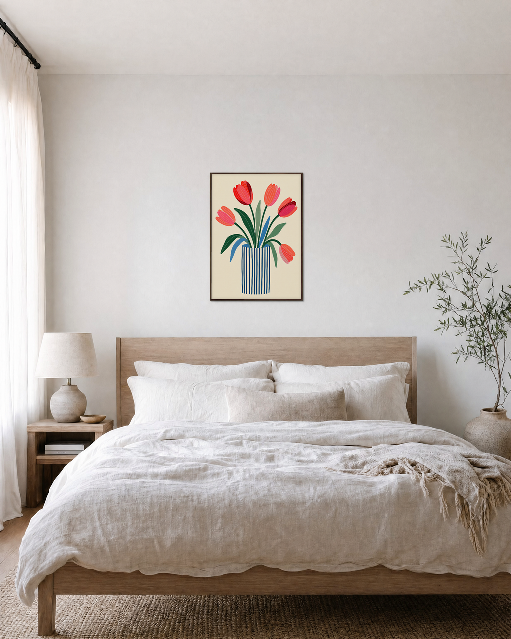 Morning Tulips tulip art print: unframed print is shown framed for styling in a bedroom; frame not included