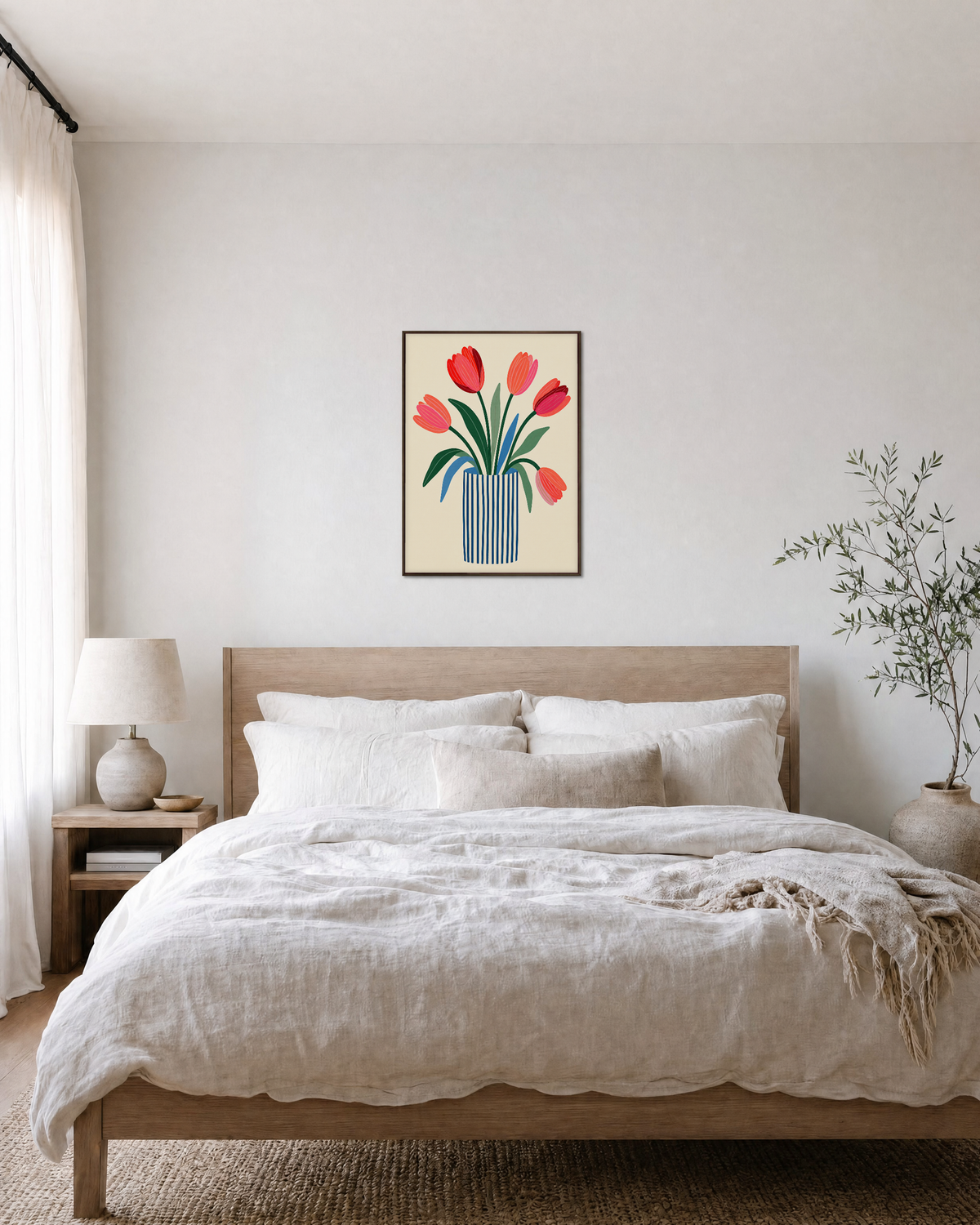 Morning Tulips tulip art print: unframed print is shown framed for styling in a bedroom; frame not included