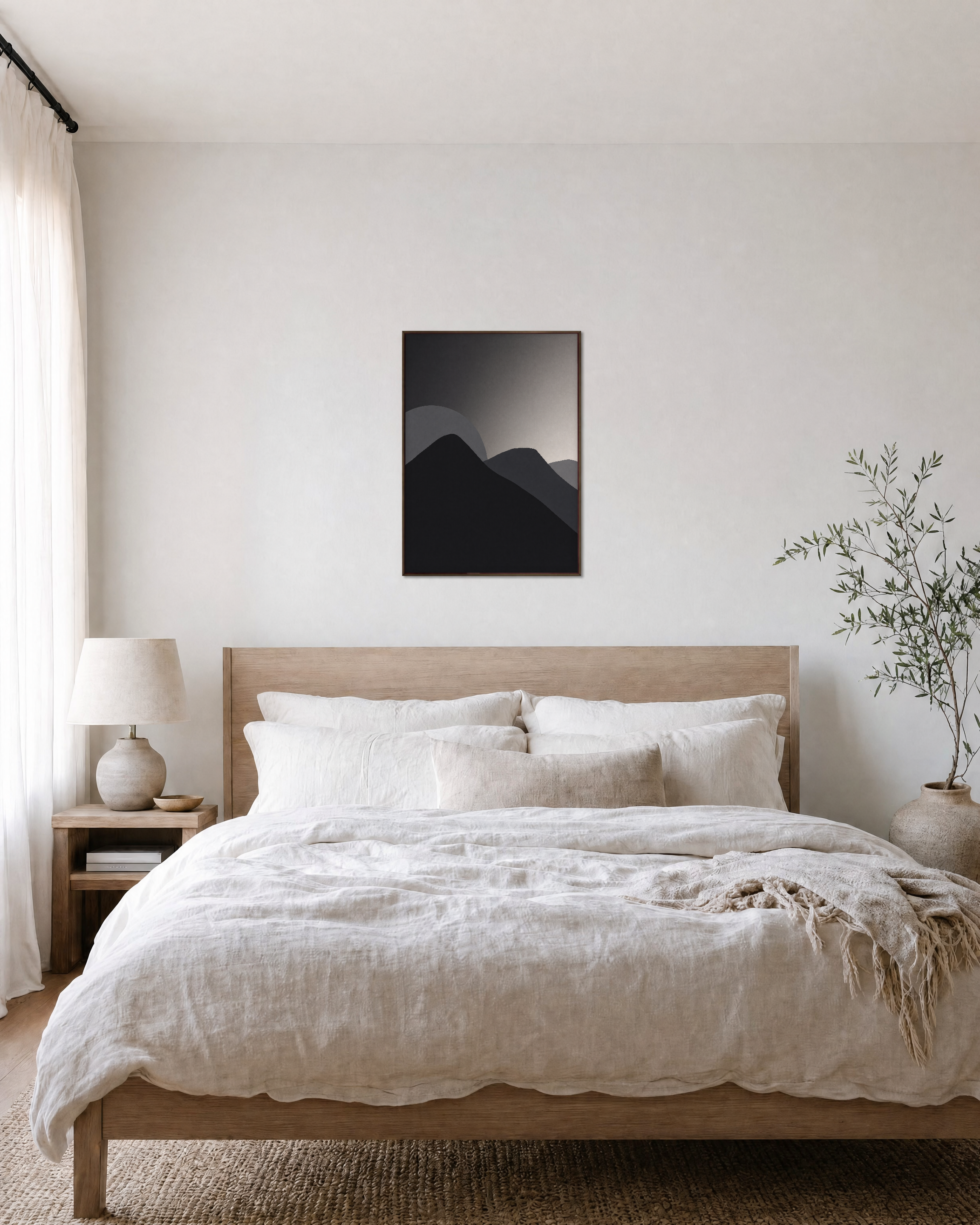 Charcoal Ridges unframed print is shown framed for styling in a bedroom; frame not included
